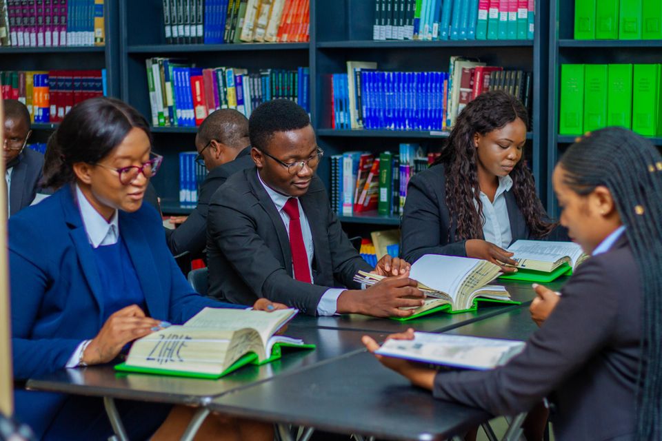 University students studying together in a library